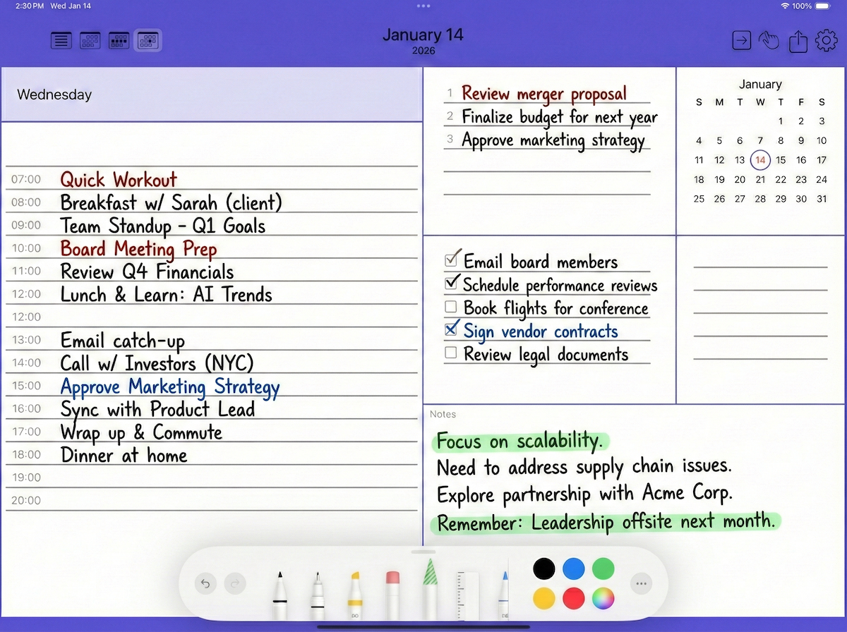 CalendarPad iPad landscape screenshot showing a handwritten calendar day page